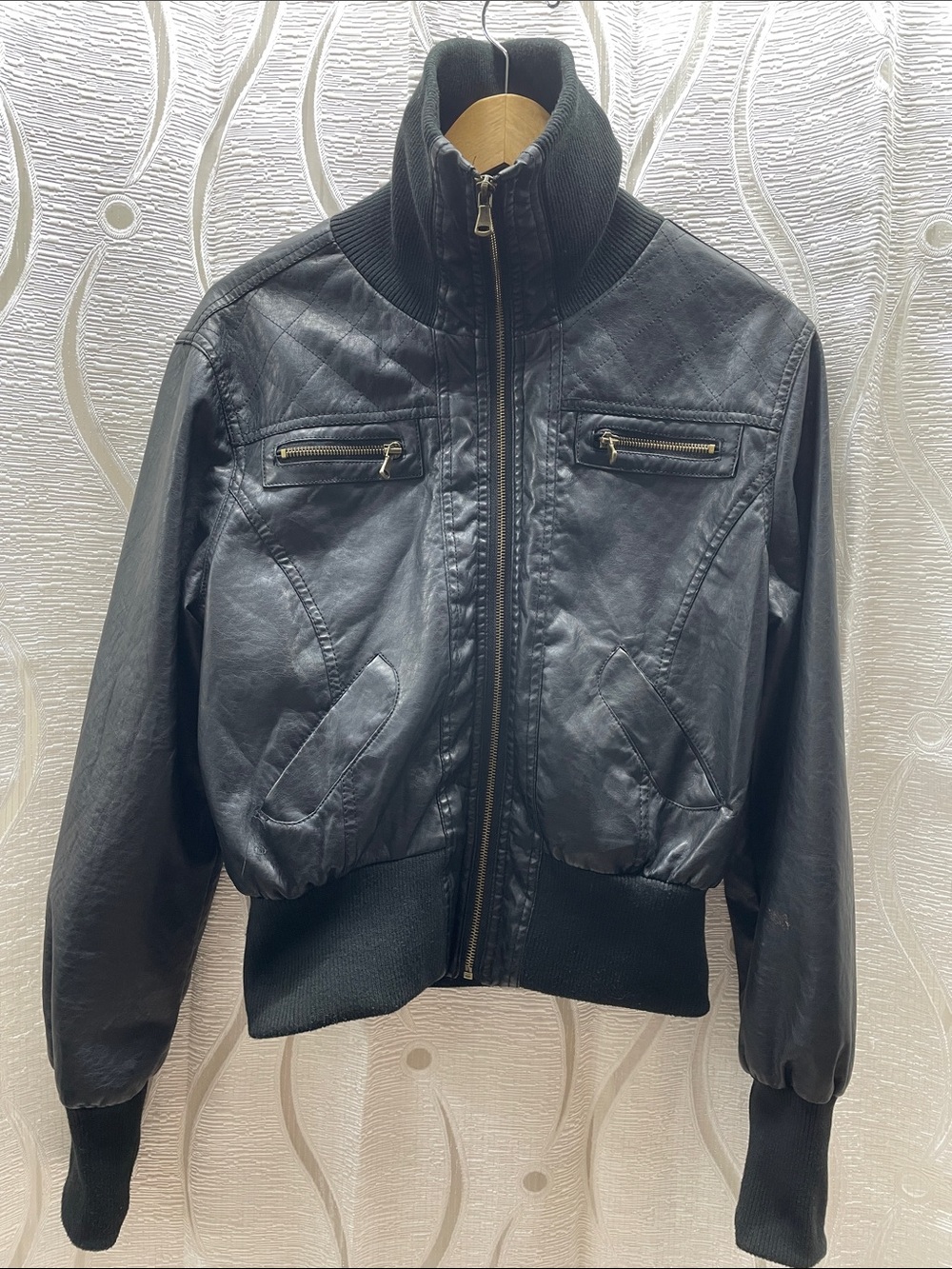 Streetwear Society Black Faux Leather Bomber with Ribbed High Collar